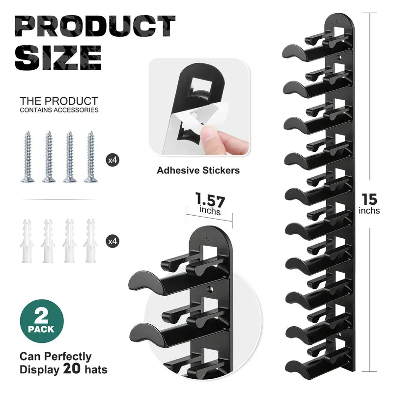 Hat Hook for Wall 2 Pack Hat Organizer Holds Up to 20 Hats with Strong Adhesive and 8 Screws Cap Holder for Closet Door and Bedroom B-Black - Decor Key Hook Wall Mounted Shelf